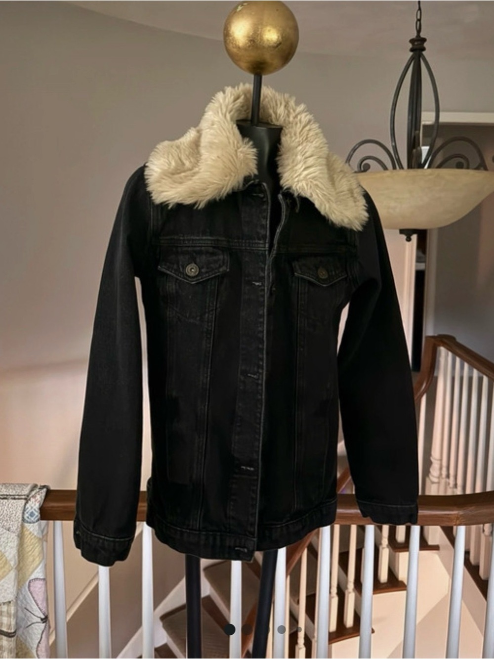 Chemistry Black Denim Jacket with Cream Faux Fur Collar